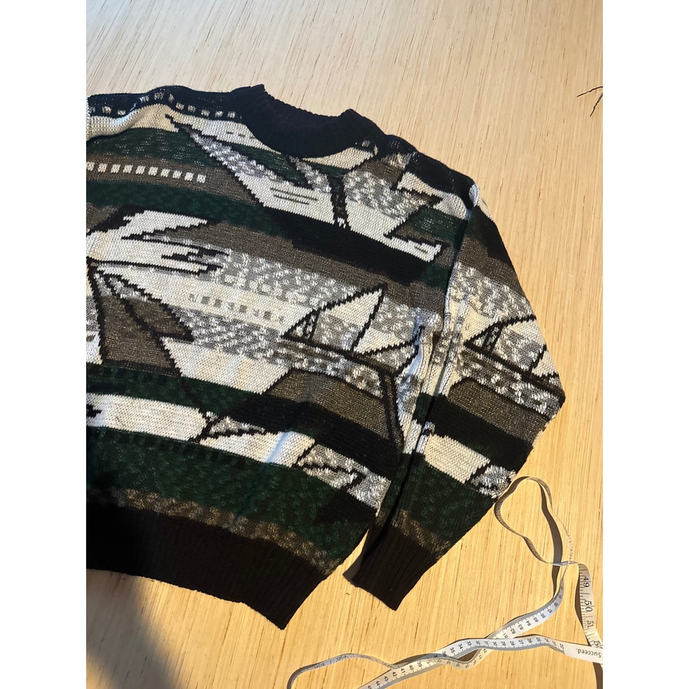 Vintage Bugle Boy Co Mens Large Geometric Abstract Knit Sweater Green  90s 40